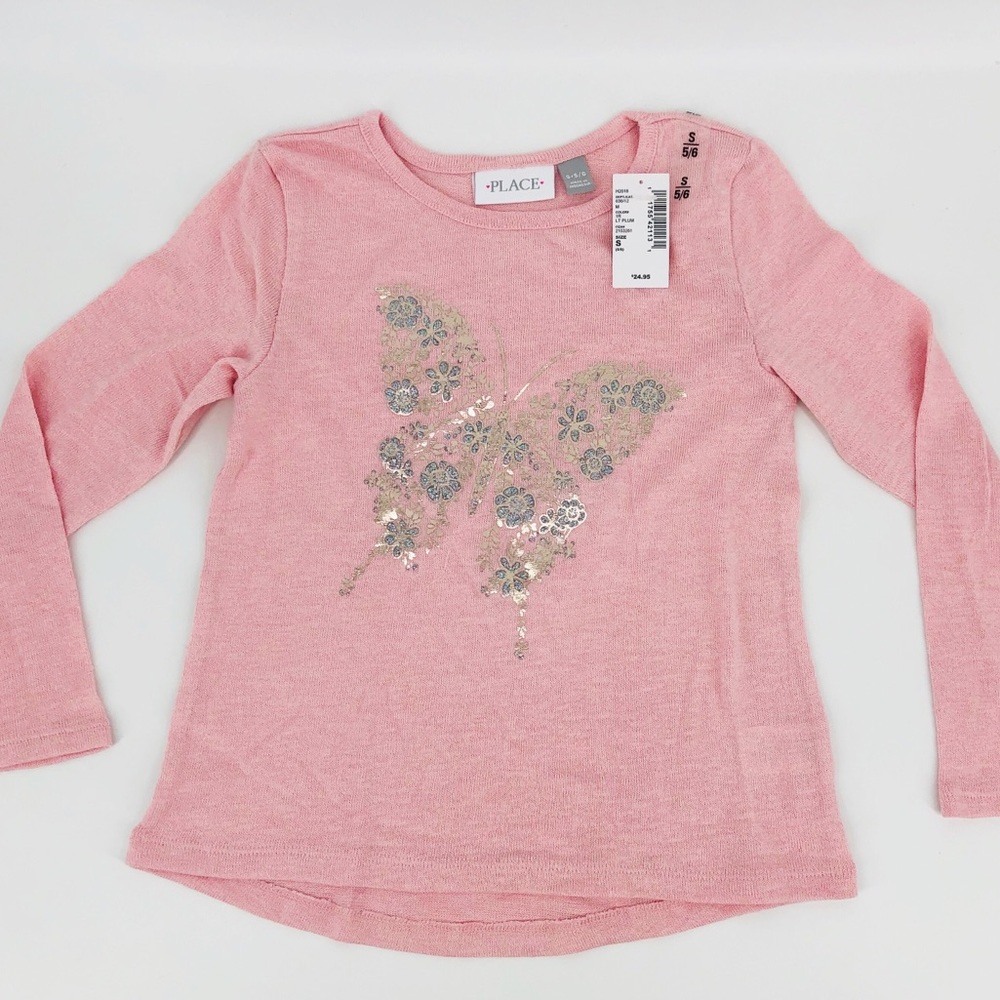 Children's Place Girls Pink Foil Butterfly Graphic Long Sleeved Top Small NWT